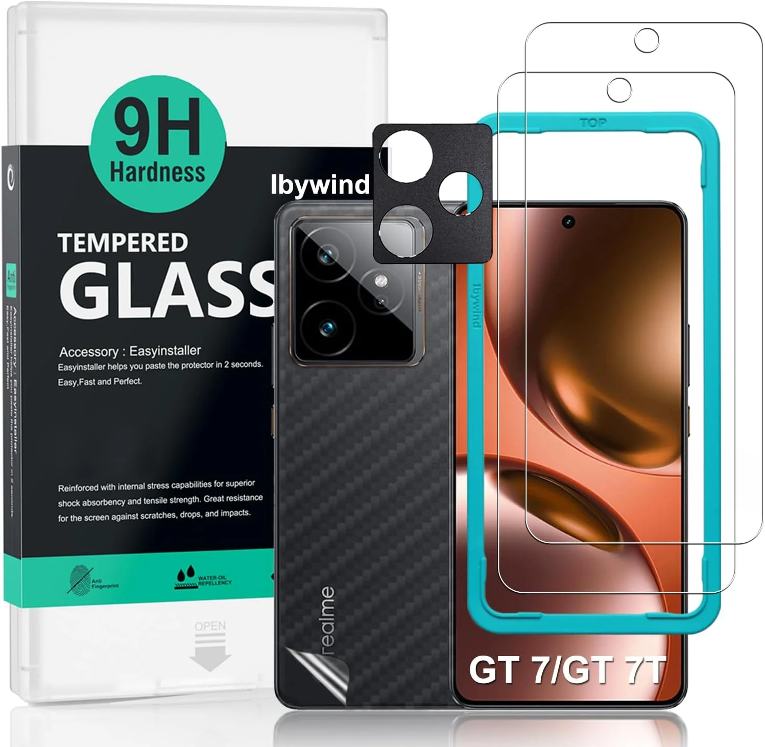 محافظ صفحه نمایش شیشه ای آی بی ویند برای گوشی ریلمی GT 7/GT 7T 5G سایز 6.8 اینچ، بسته 2 عددی، سختی 9H، همراه با 1 عدد محافظ لنز دوربین، 1 عدد برچسب فیبر کربن پشت گوشی، نصب آسان
