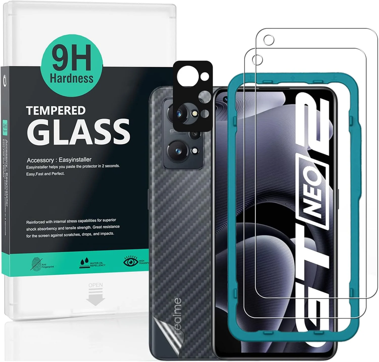 محافظ صفحه نمایش شیشه ای Realme GT Neo 2 5G مدل Ibywind، 6.62 اینچ، بسته 2 عددی، سختی 9H، به همراه 1 عدد محافظ لنز دوربین، 1 عدد برچسب فیبر کربن پشت، نصب آسان