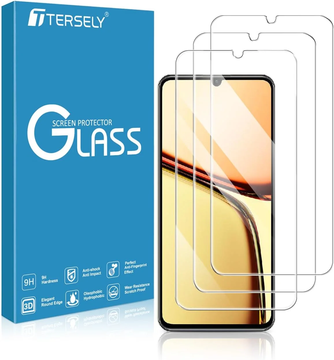 محافظ صفحه نمایش شیشه ای حرارت دیده [بسته 3 عددی] T Tersely برای Realme C61، سازگار با قاب، فوق العاده شفاف، مقاوم در برابر شکستن، فیلم ضد خش برای محافظت بیشتر
