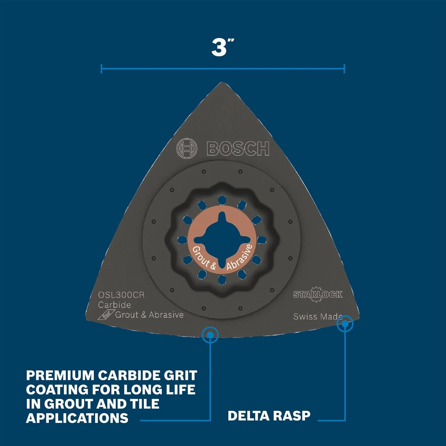 ابزار چندکاره نوسانی استارلاک بوش مدل OSL300CR، 3 اینچی، یک تکه، دارای دندانه های کاربیدی برای برداشتن دوغاب و مواد سایشی