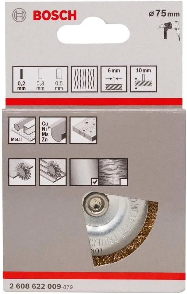 برس سیمی کاسه ای بوش پروفشنال 2608622009 با شفت 6 میلی متر، سیم های موج دار، جنس برنج 0.2 میلی متر، نقره ای، 75 میلی متر