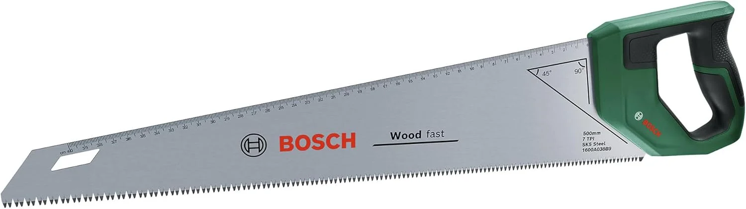 اره دستی بوش 500 میلی متر (تیغه اره فولادی SK5 برای برش سریع در چوب؛ 7 TPI؛ دندانه های سخت شده القایی؛ راهنمای علامت گذاری 45 درجه / 90 درجه؛ مقیاس متریک 40 سانتی متری؛ دستگیره نرم ارگونومیک)