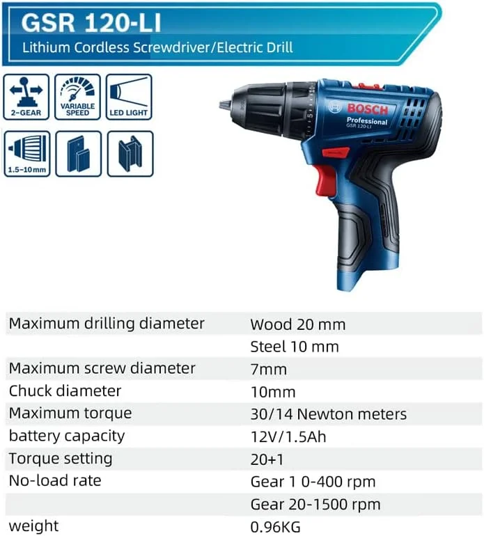 AETOOL - پیچ گوشتی شارژی 12 ولت BOSCH مدل GSR120-LI، دریل برقی چند منظوره، ابزار برقی دریل پیچ گوشتی خانگی (فقط بدنه EU)