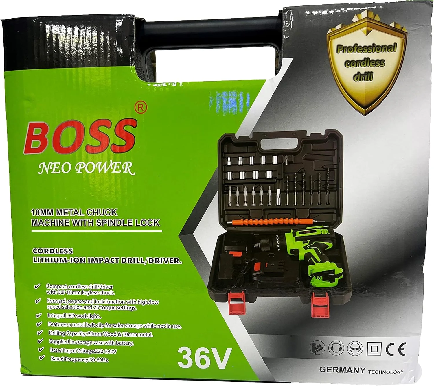 دستگاه دریل چکشی/ضربه ای شارژی 36 ولت BOSS NEO POWER با سه نظام فلزی، 2 باتری، ست کامل به همراه سری های مختلف برای مصارف خانگی و حرفه ای