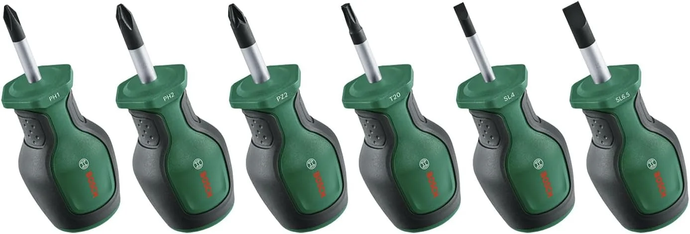 ست پیچ گوشتی کوتاه بوش 6 عددی (پیچ گوشتی های جمع و جور برای بستن در فضاهای تنگ؛ PH/PZ/TX/SL؛ فولاد S2؛ گشتاور بالا؛ کد رنگی؛ نوک مغناطیسی؛ دسته نرم ارگونومیک)