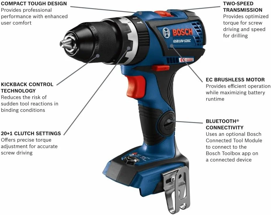 دریل چکشی/پیچ گوشتی براشلس بوش مدل GSB18V-535CN، 18 ولت، آماده اتصال، مقاوم و جمع و جور، با درایو 1/2 اینچ (فقط ابزار)