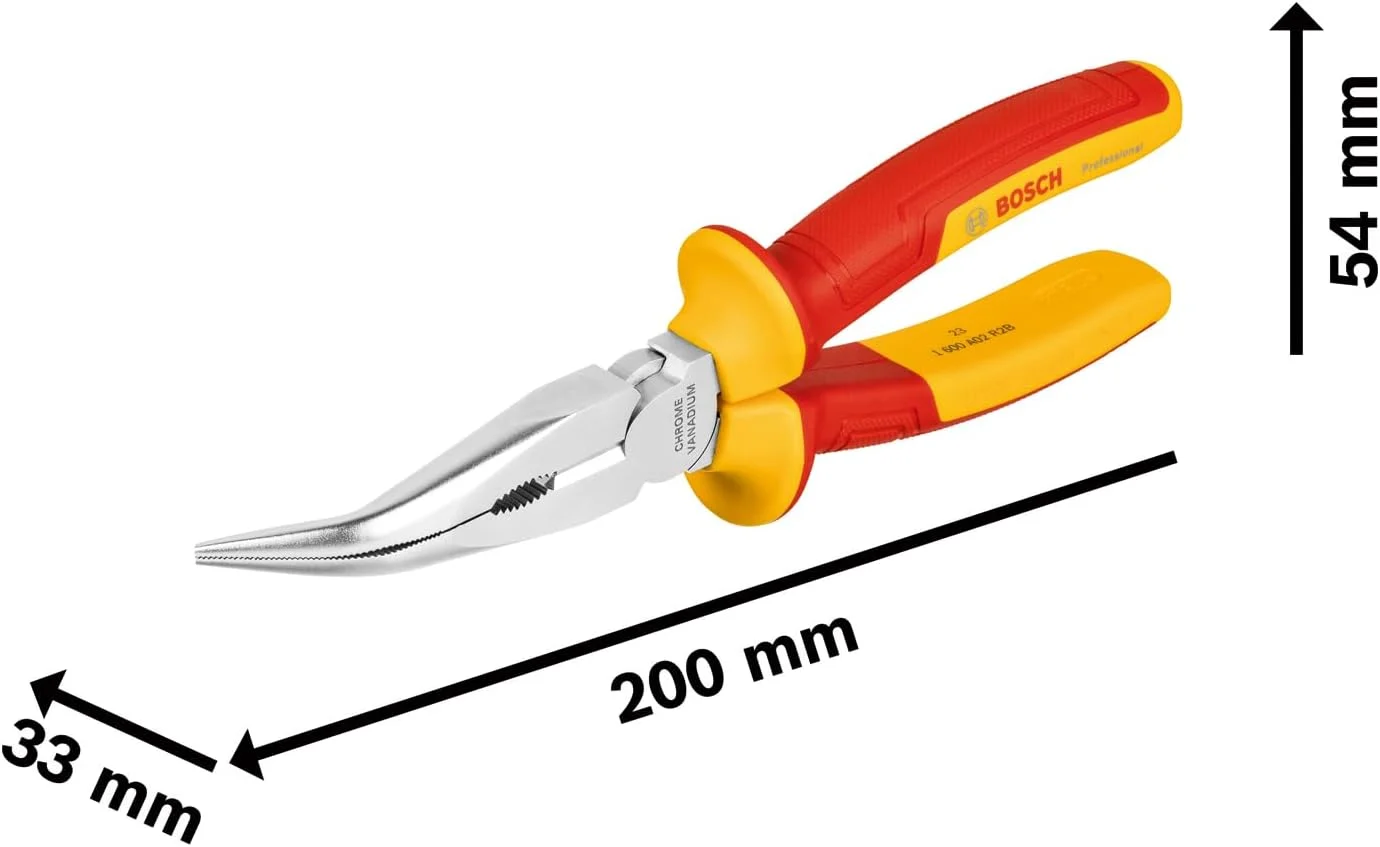 انبر دم باریک VDE بوش پروفشنال، خمیده 40 درجه - 200 میلی متر (دارای گواهی تا 1000 ولت، عایق شده با پلی یورتان ترموپلاستیک)