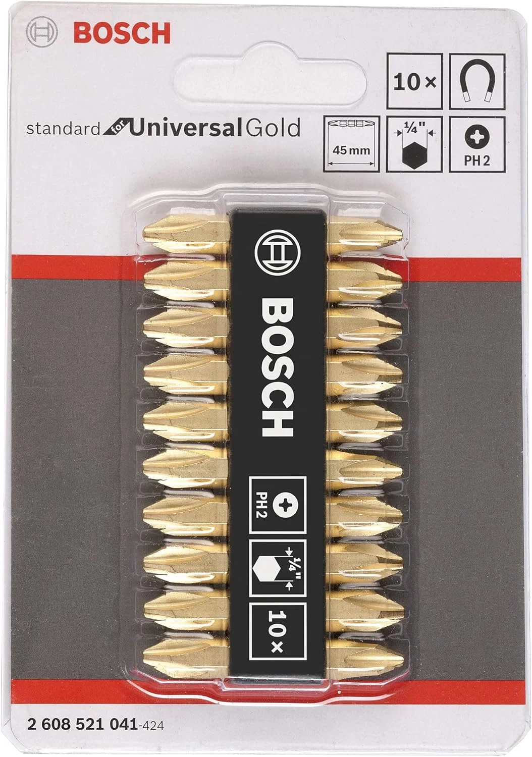 بیت های پیچ گوشتی دو سر سخت افزاری بوش پروفشنال، نوع Ph2-Ph2، طول 45 میلی متر، طلایی، بسته 10 عددی