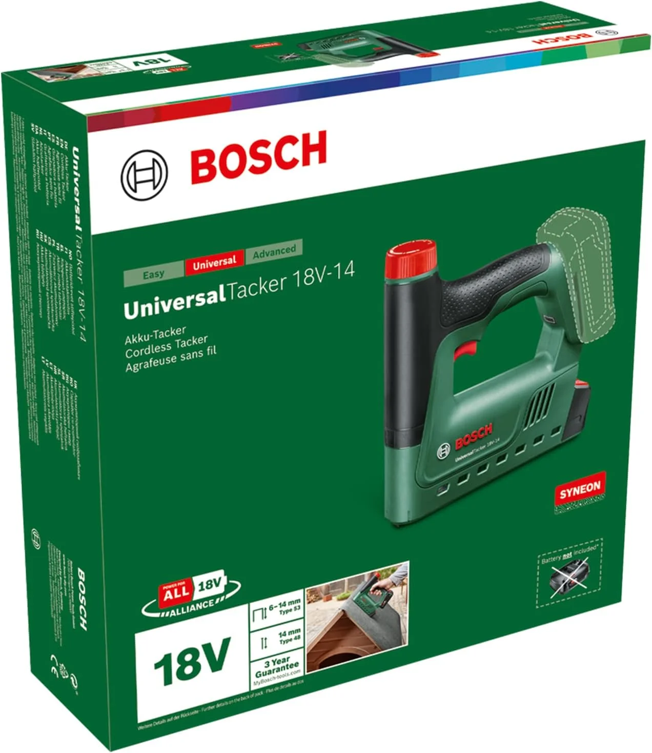 منگنه کوب بادی بوش مدل Universal Stapler 18V-14 (منگنه کوبی در چوب نرم و سخت؛ مناسب برای منگنه و میخ؛ حالت شلیک سریع؛ سیستم 18 ولت؛ همراه با 1000 منگنه سیم ظریف؛ بدون باتری)
