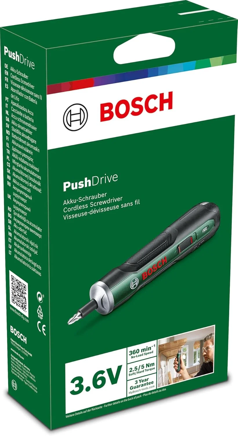 ست پیچ گوشتی شارژی بوش PushDrive (3.6 ولت; 1.5 آمپر ساعت; 5.0 نیوتن متر; 10 عدد سری پیچ گوشتی; همراه با کابل میکرو USB; در جعبه)