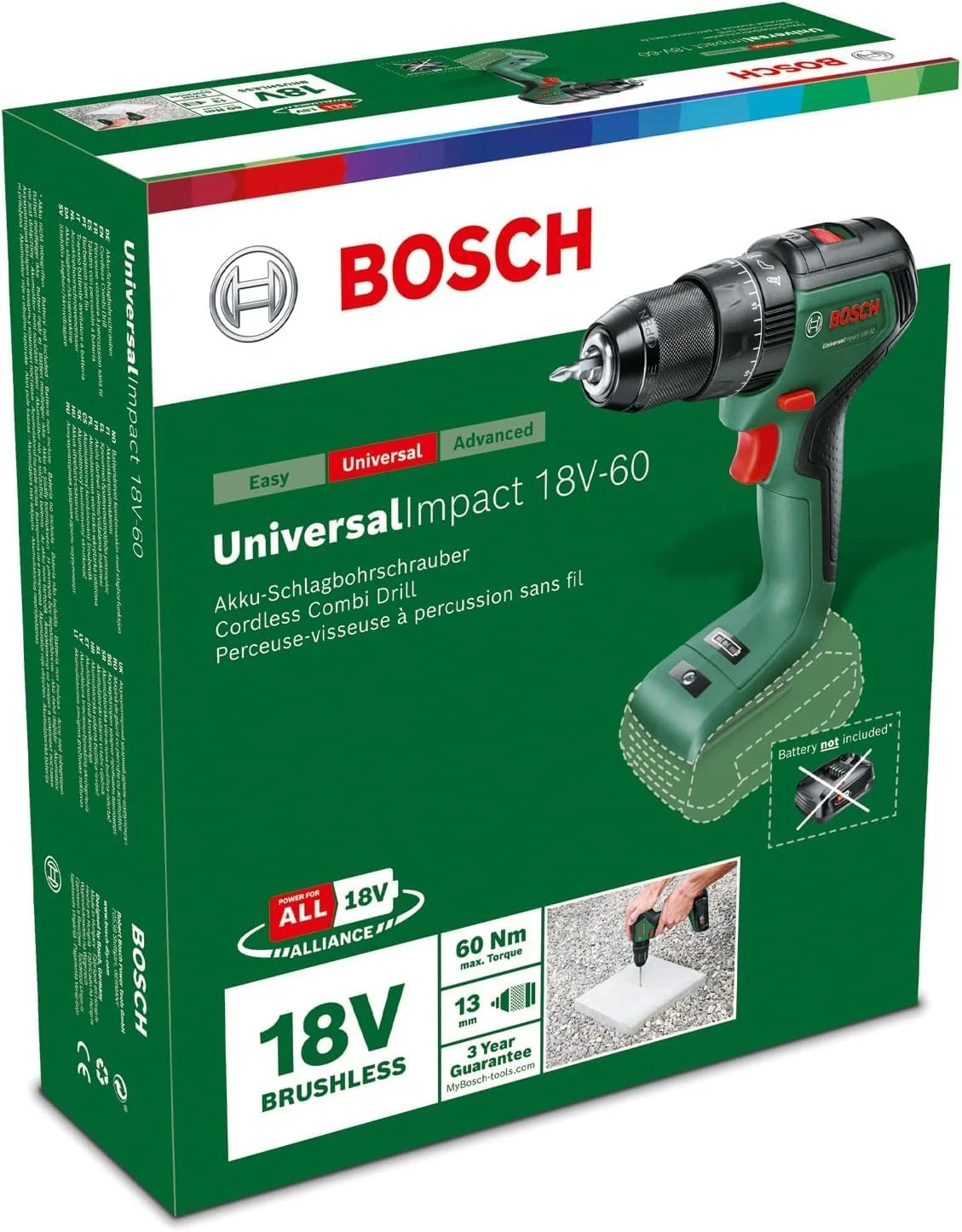 دریل چکشی شارژی بوش UniversalImpact 18V-60 (بدون باتری، سیستم 18 ولت، بسته بندی کارتنی)