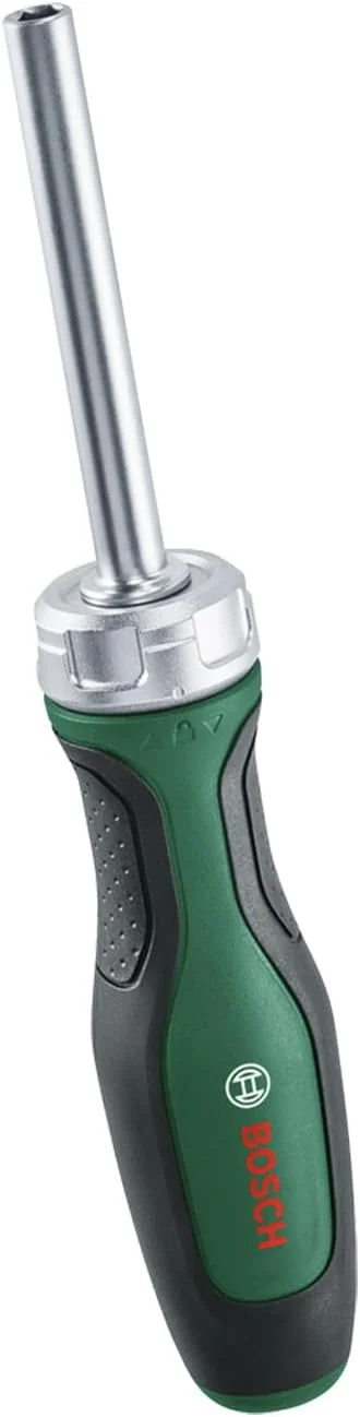 ست پیچ گوشتی جغجغه ای بوش، 19 قطعه (پیچ گوشتی جغجغه ای با گشتاور بالا تا 36 نیوتن متر؛ چرخ دنده با 36 دندانه؛ نگهدارنده مغناطیسی بیت؛ 18 عدد بیت فولاد S2؛ دسته نرم؛ گیره نگهداری)