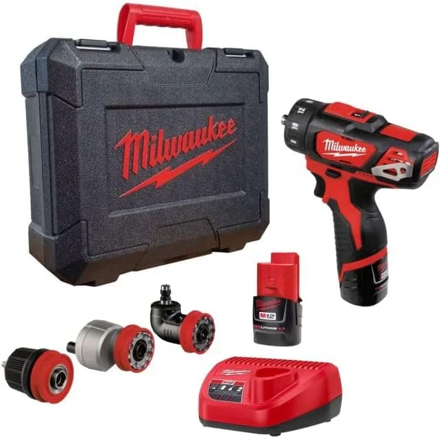 کیت دریل درایور 4 در 1 میلواکی M12BDDXKIT-202C M12 (شامل 2 عدد باتری 2.0 آمپر لیتیوم یون، شارژر، سه نظام 10 میلی متری و سرهای اضافی)