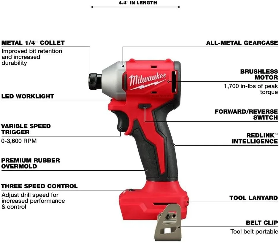 دریل پیچ گوشتی ضربه ای سه سرعته M18 Milwaukee Electric - M18 Compact BRUSHLESS 1/4 اینچ HEX (فقط ابزار)