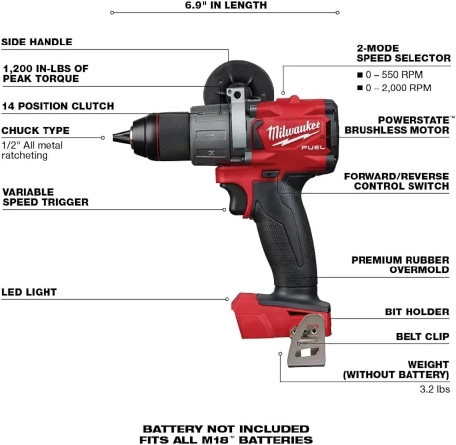دریل/پیچ گوشتی 1/2 اینچی سوختی Milwaukee 2803-20 M18 (فقط ابزار) - حداکثر گشتاور = 1200 اینچ-پوند قرمز