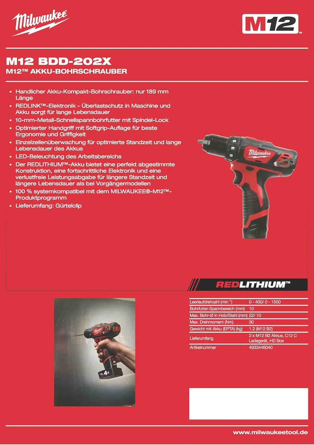 دریل شارژی میلواکی مدل M12 BDD-201C