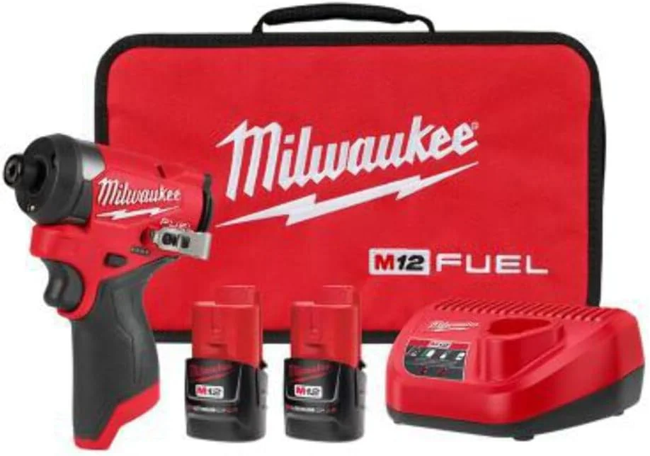 کیت درایور ضربه ای بی سیم M12 Fuel Milwaukee 12 ولت 1/4 اینچ لیتیوم یونی - به همراه 2 باتری، شارژر و جعبه ابزار