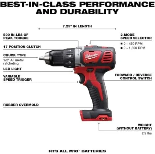 کیت دریل/پیچ گوشتی شارژی 1/2 اینچ Milwaukee M18 18V لیتیوم-یون مدل 2606-21CT