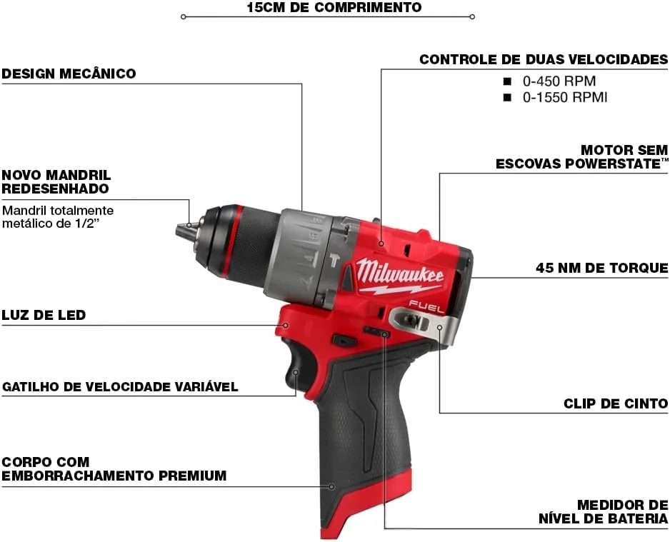 دریل/پیچ گوشتی چکشی 1/2 اینچی شارژی 12 ولت Milwaukee 3404-20 Fuel (فقط ابزار)