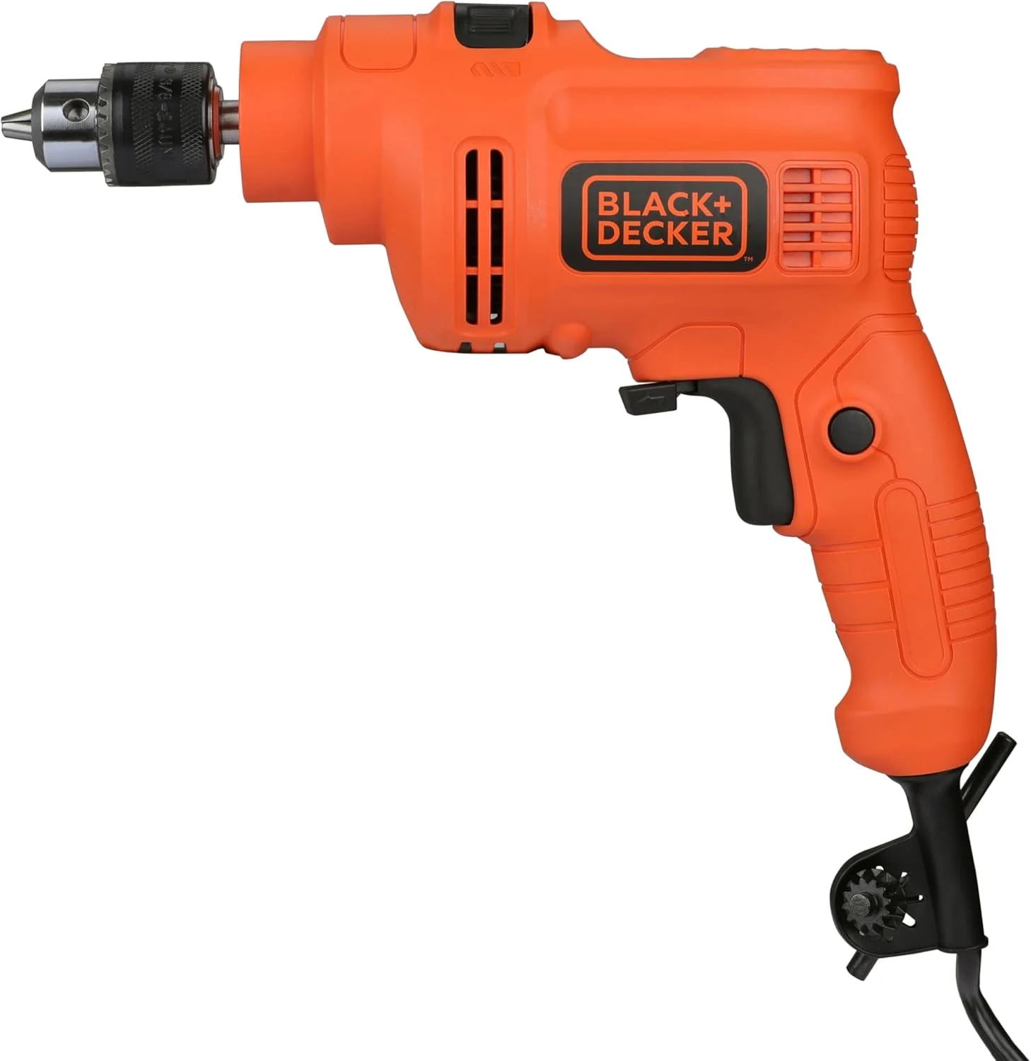 دریل چکشی متغیر 550 وات بلک اند دکر مدل KR5010V با سرعت 2800 دور در دقیقه، دریل 10 میلی متری مناسب برای مصارف خانگی و DIY، برای سوراخکاری مصالح ساختمانی، فولاد و چوب، نارنجی