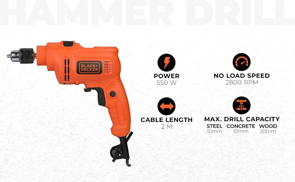 دریل چکشی متغیر 550 وات بلک اند دکر مدل KR5010V با سرعت 2800 دور در دقیقه، دریل 10 میلی متری مناسب برای مصارف خانگی و DIY، برای سوراخکاری مصالح ساختمانی، فولاد و چوب، نارنجی