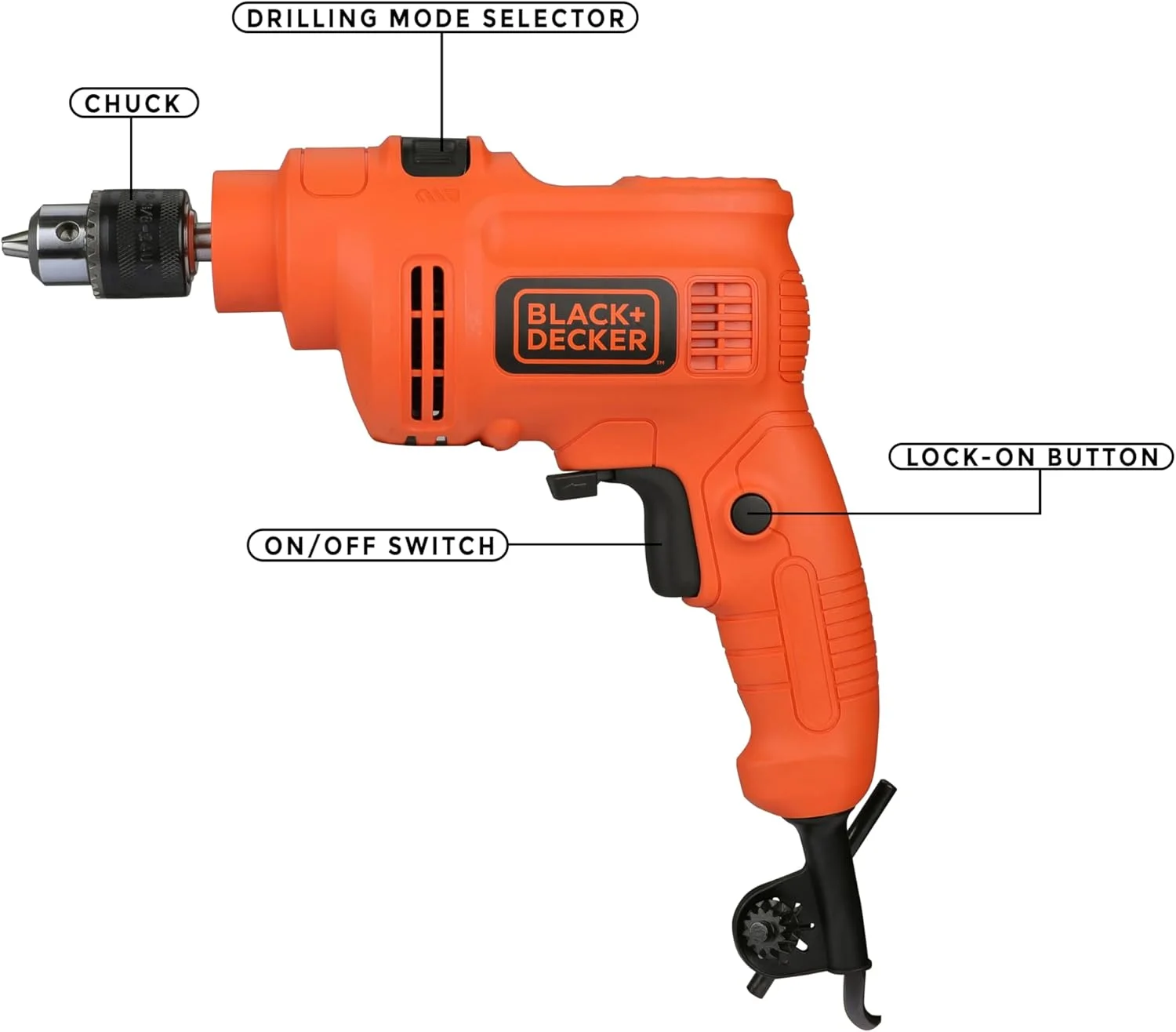دریل چکشی متغیر 550 وات بلک اند دکر مدل KR5010V با سرعت 2800 دور در دقیقه، دریل 10 میلی متری مناسب برای مصارف خانگی و DIY، برای سوراخکاری مصالح ساختمانی، فولاد و چوب، نارنجی
