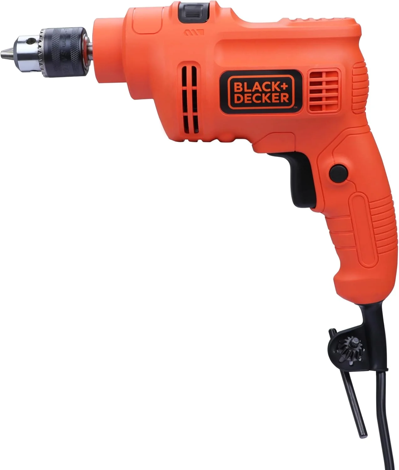 دریل چکشی تک سرعته 550 وات بلک اند دکر مدل KR5010 با سرعت 2800 دور در دقیقه، مته 10 میلی متری، مناسب برای مصارف خانگی و سوراخکاری مصالح ساختمانی، فولاد و چوب، نارنجی