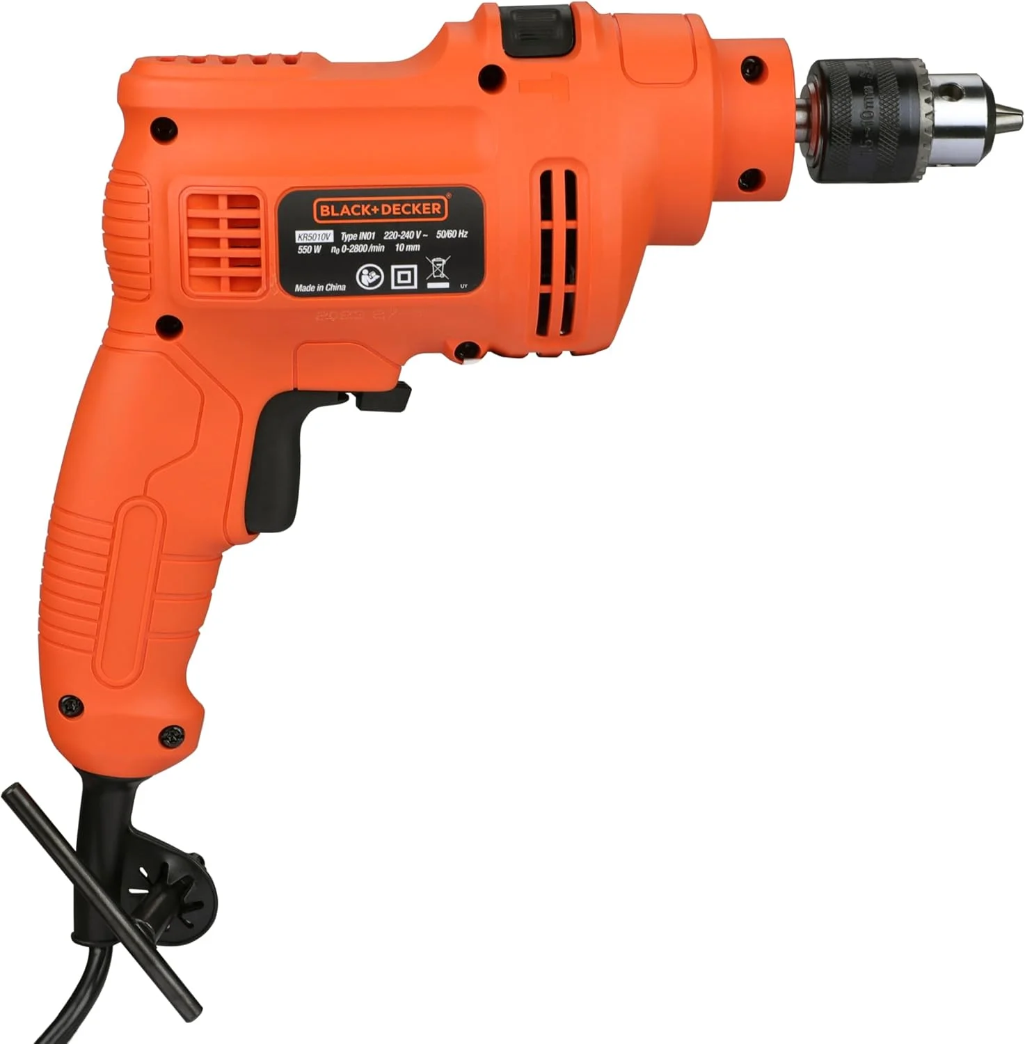 دریل چکشی متغیر 550 وات بلک اند دکر مدل KR5010V با سرعت 2800 دور در دقیقه، دریل 10 میلی متری مناسب برای مصارف خانگی و DIY، برای سوراخکاری مصالح ساختمانی، فولاد و چوب، نارنجی