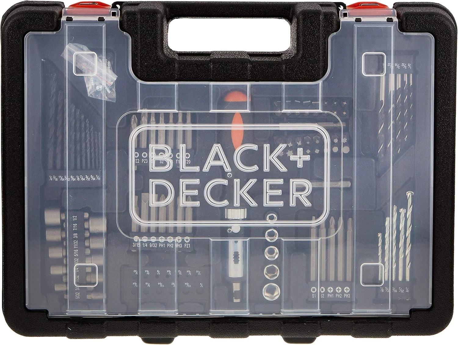 دریل پیچ گوشتی شارژی 12 ولت بلک اند دکر مدل CD12100KM-B5 به همراه 100 سری مختلف در جعبه ابزار، نارنجی/مشکی