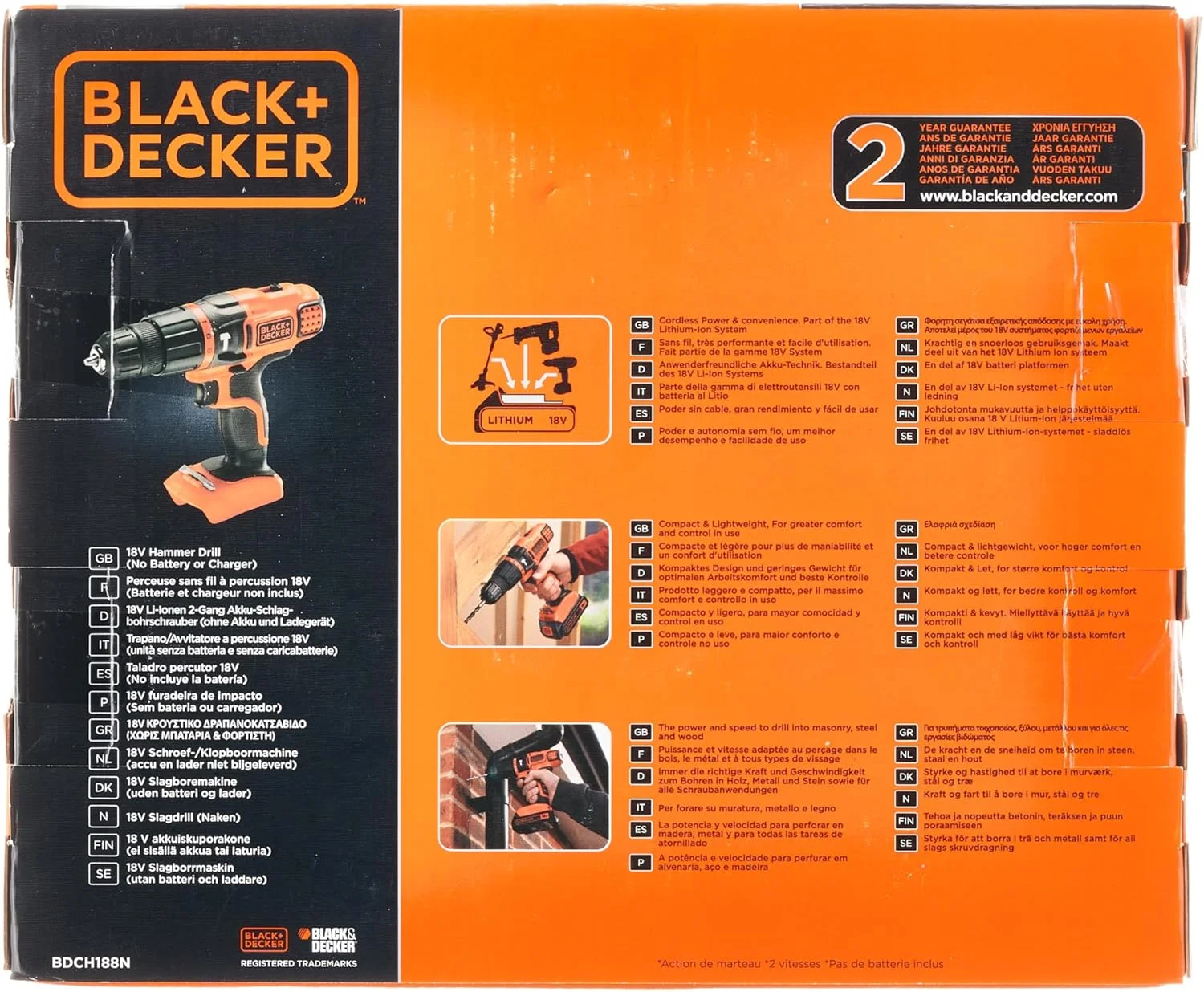 دریل چکشی شارژی بلک اند دکر با 11 تنظیمات گشتاور، 18 ولت، بدون باتری - BDCH188N-XJ