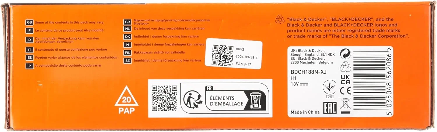 دریل چکشی شارژی بلک اند دکر با 11 تنظیمات گشتاور، 18 ولت، بدون باتری - BDCH188N-XJ