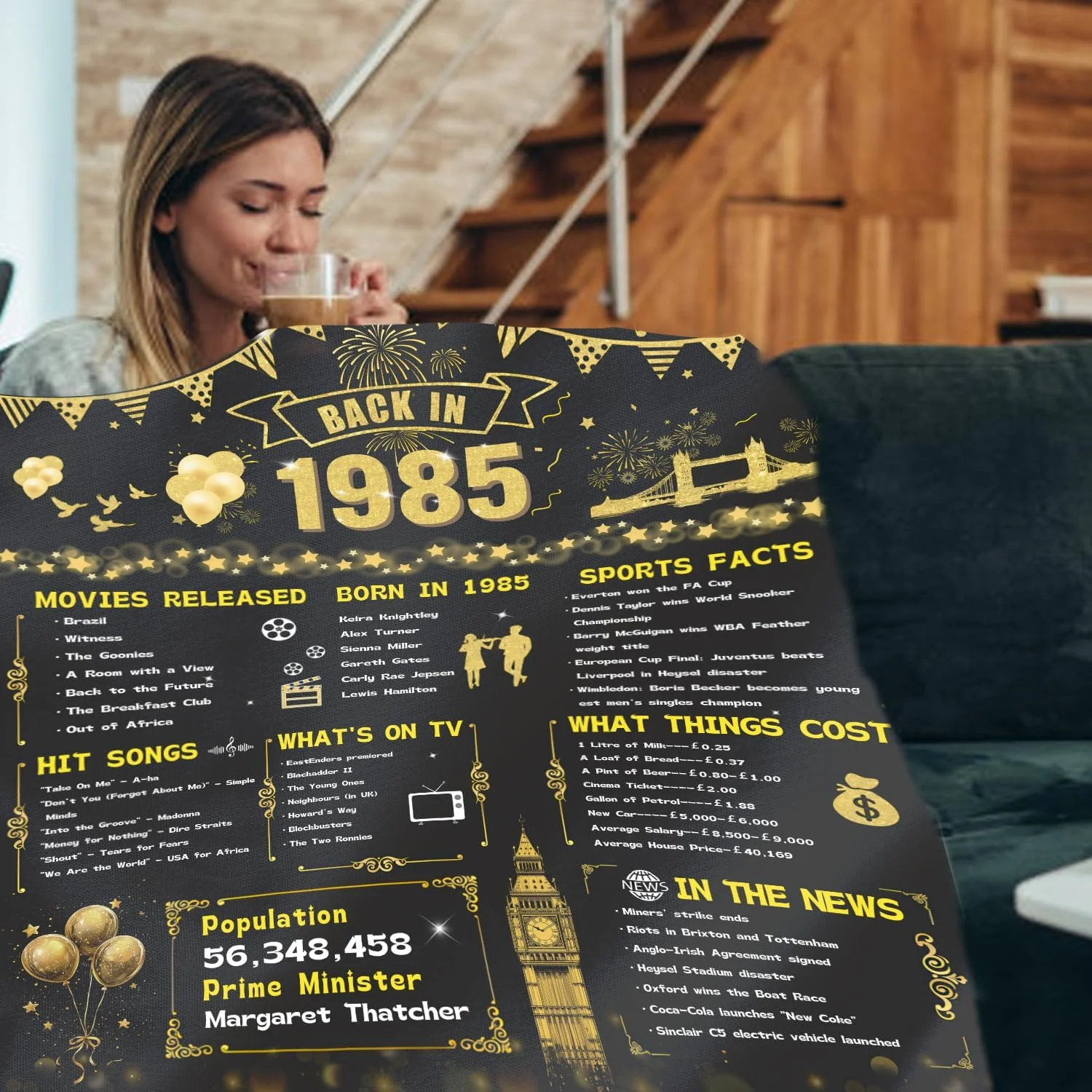 هدیه تولد 40 سالگی برای خانم ها و آقایان، پتوی فلانل نرم طلایی سالگرد ازدواج 40 سالگی، سایز 60×50 اینچ، ایده های هدیه تولد سال 1985 برای همسر، پدر، مادر، والدین، پدربزرگ و مادربزرگ (مشکی طلایی - 1985)