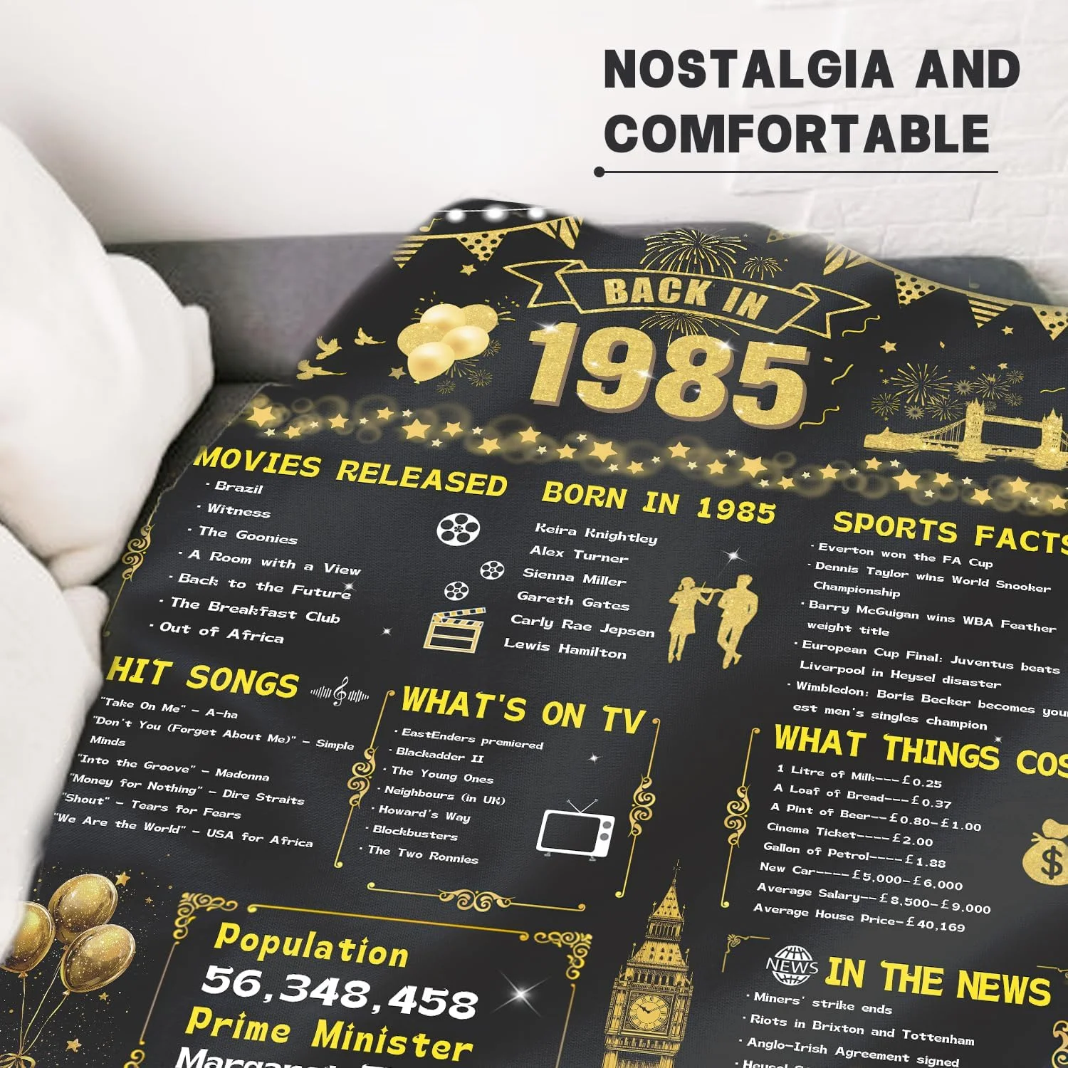 هدیه تولد 40 سالگی برای خانم ها و آقایان، پتوی فلانل نرم طلایی سالگرد ازدواج 40 سالگی، سایز 60×50 اینچ، ایده های هدیه تولد سال 1985 برای همسر، پدر، مادر، والدین، پدربزرگ و مادربزرگ (مشکی طلایی - 1985)