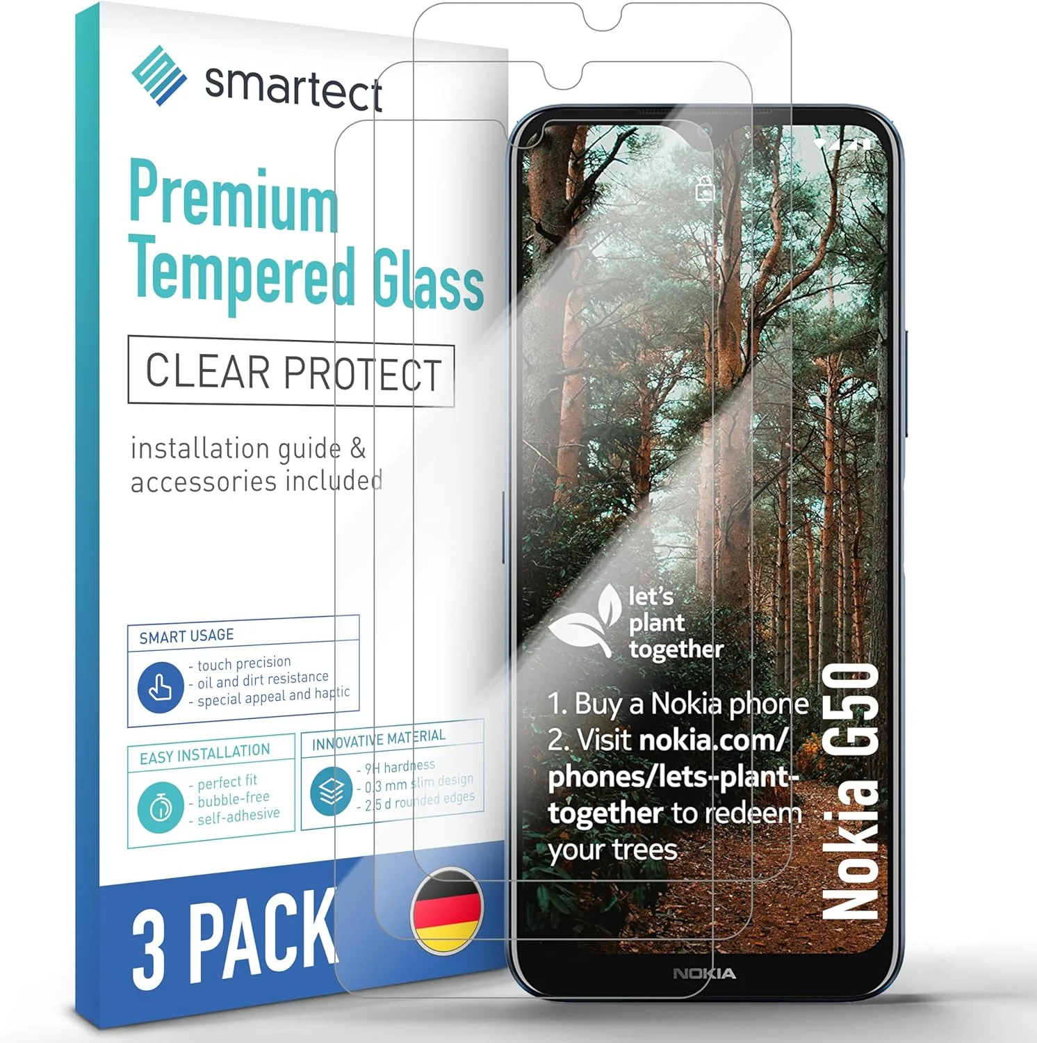 محافظ صفحه نمایش شیشه ای حرارت دیده [3 عدد، شفاف] smartect برای نوکیا G50، محافظ صفحه نمایش HD ضد خش، بدون حباب، سختی 9H، 0.3 میلی متر فوق العاده شفاف، فوق العاده مقاوم