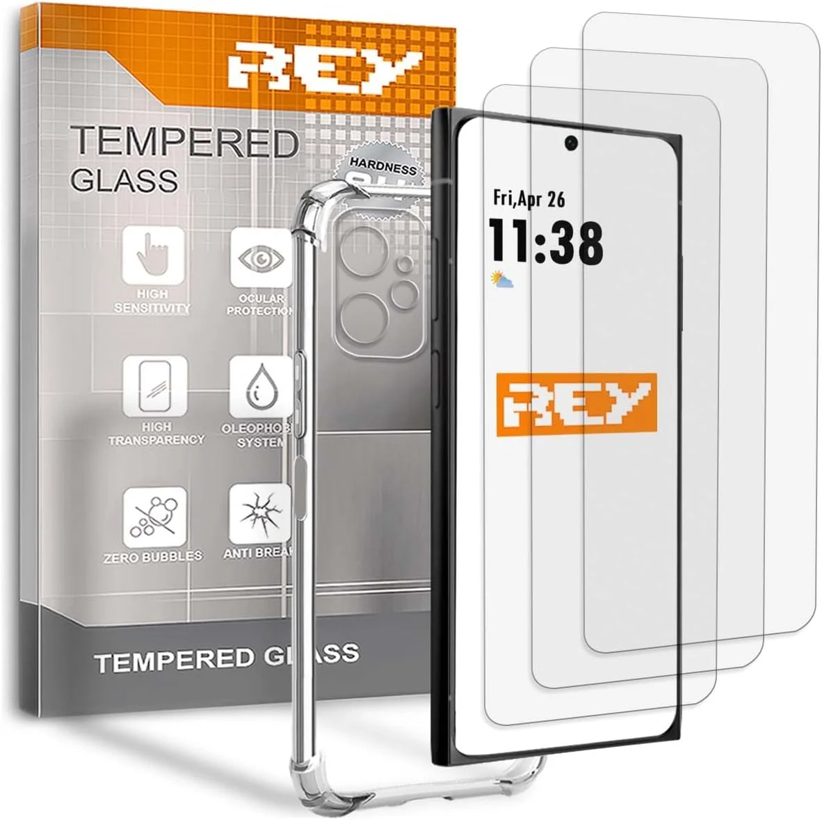 محافظ صفحه نمایش ضد ضربه REY مدل Skyline HMD، شیشه حرارت دیده و سیلیکون TPU با مقاومت بالا (بسته 3 عددی)