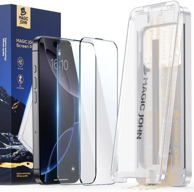 محافظ صفحه نمایش شیشه ای حرارت دیده MAGIC JOHN نسل سوم برای آیفون 16 ProMax (6.9 اینچ)، حذف خودکار گرد و غبار، فیلم با سختی 9H+، محافظ صفحه نمایش فوق العاده شفاف، بدون حباب، با دستگاه نصب ارتقا یافته