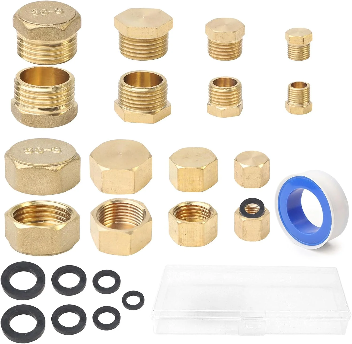 مجموعه 16 عددی درپوش های رزوه ای برنجی شش گوش، 1/8 اینچ، 1/4 اینچ، 3/8 اینچ، 1/2 اینچ، درپوش های مسدود کننده برنجی نر و ماده، درپوش انتهایی لوله برنجی به همراه نوار تفلون و 8 واشر لاستیکی، اتصالات لوله ای سوکت رزوه ای برنجی برای آب، هوا و روغن