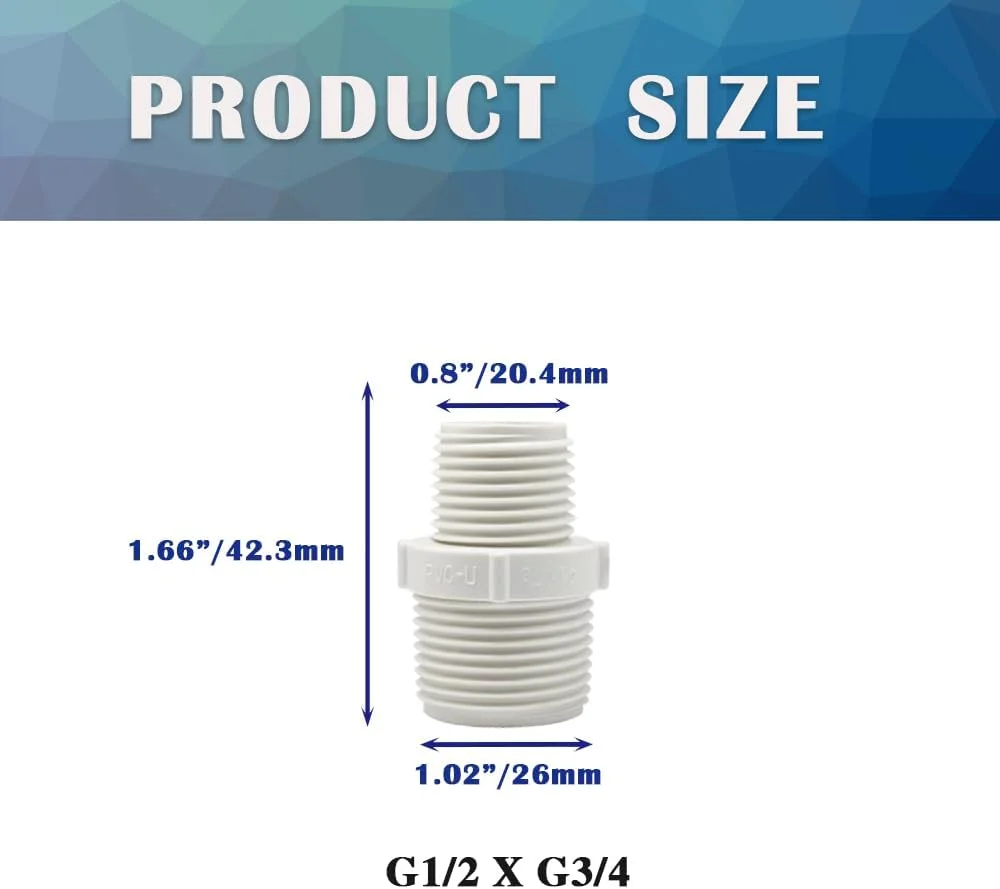 اتصالات لوله پی وی سی HayEastdor، 10 عدد، 1/2 اینچ به 3/4 اینچ، کوپلینگ رزوه ای نر به نر G1/2 X G3/4، آداپتور مستقیم شش گوش