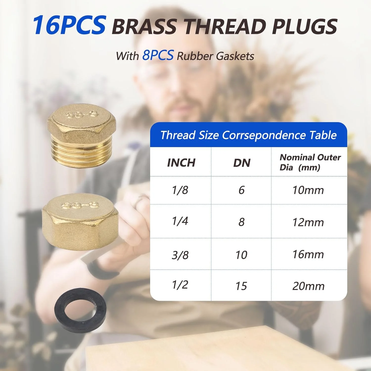 مجموعه 16 عددی درپوش های رزوه ای برنجی شش گوش، 1/8 اینچ، 1/4 اینچ، 3/8 اینچ، 1/2 اینچ، درپوش های مسدود کننده برنجی نر و ماده، درپوش انتهایی لوله برنجی به همراه نوار تفلون و 8 واشر لاستیکی، اتصالات لوله ای سوکت رزوه ای برنجی برای آب، هوا و روغن