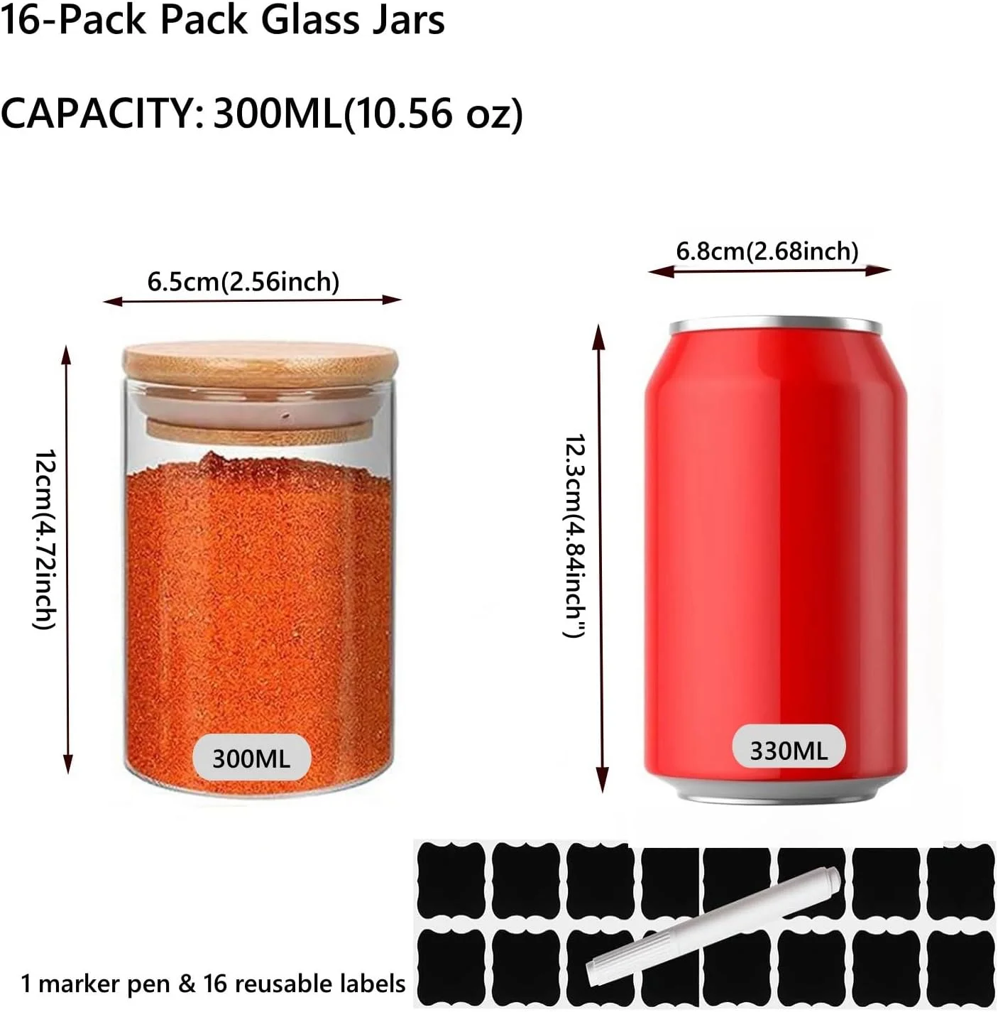 ست 16 عددی شیشه ای KUAIJI با درب چوبی، 300 میلی لیتر (10.56 اونس)، ظروف شیشه ای درب دار برای ادویه جات، ظروف نگهداری مواد غذایی شیشه ای، مناسب برای سازماندهی و نگهداری مواد غذایی در انبار، مناسب برای چای، آبنبات، ادویه جات
