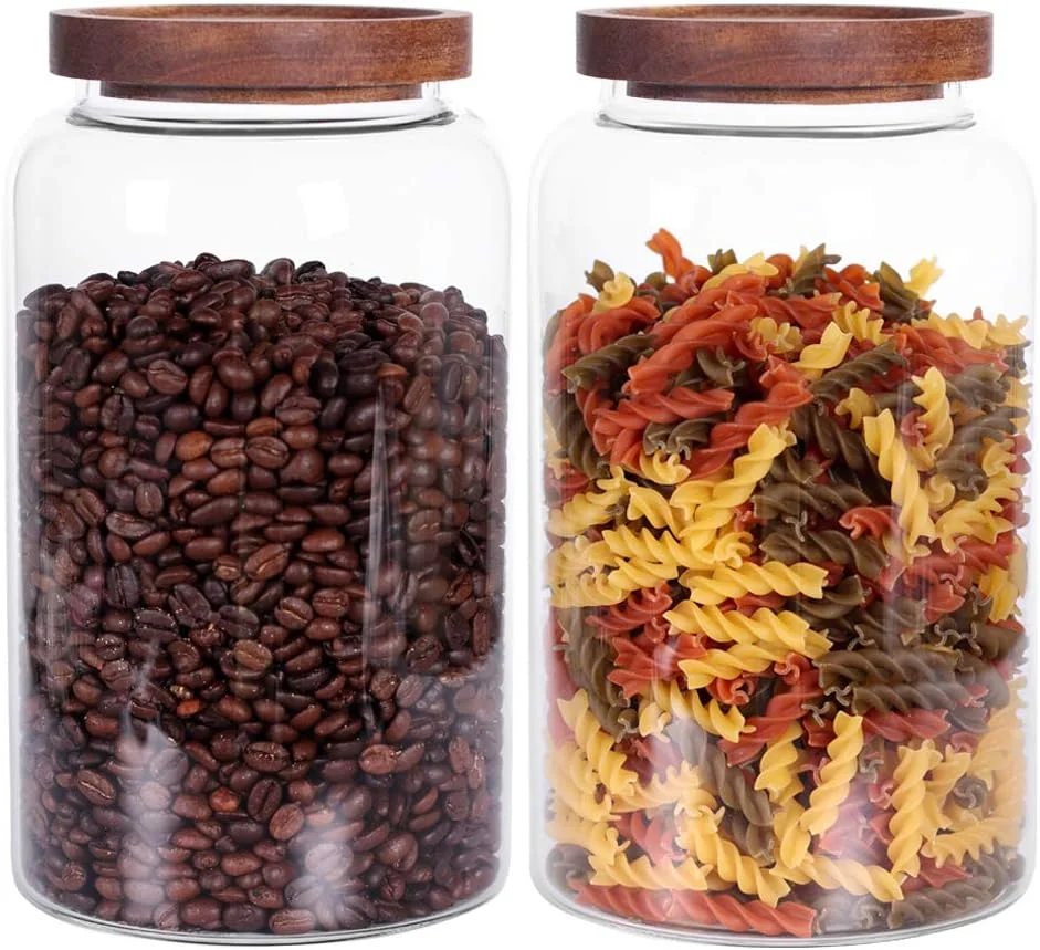 ست 2 عددی شیشه های بزرگ درب دار 2750 میلی لیتری، ظروف شیشه ای درب چوبی مناسب برای آشپزخانه، آرد، چای، دانه های قهوه، شکر، کلوچه (ارتفاع 22.5 سانتی متر)