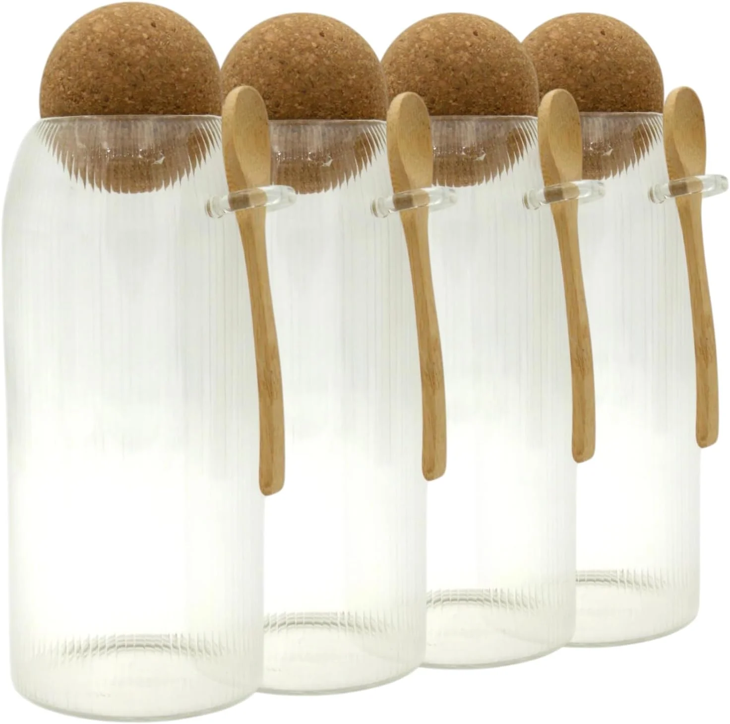 ست 4 تکه شیشه ای راه راه هامس آیدیاز با درب چوب پنبه ای و قاشق چوبی - ظروف مینیمالیستی دربسته برای ادویه جات آشپزخانه، چای، قهوه، شکر یا سازماندهی انبار