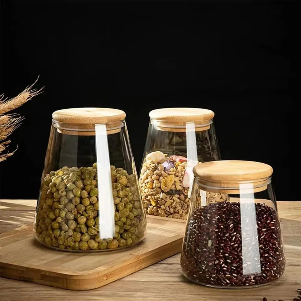 ست 3 تایی ظروف شیشه ای درب بامبو برای نظم دهی به کابینت (750 میلی لیتر)