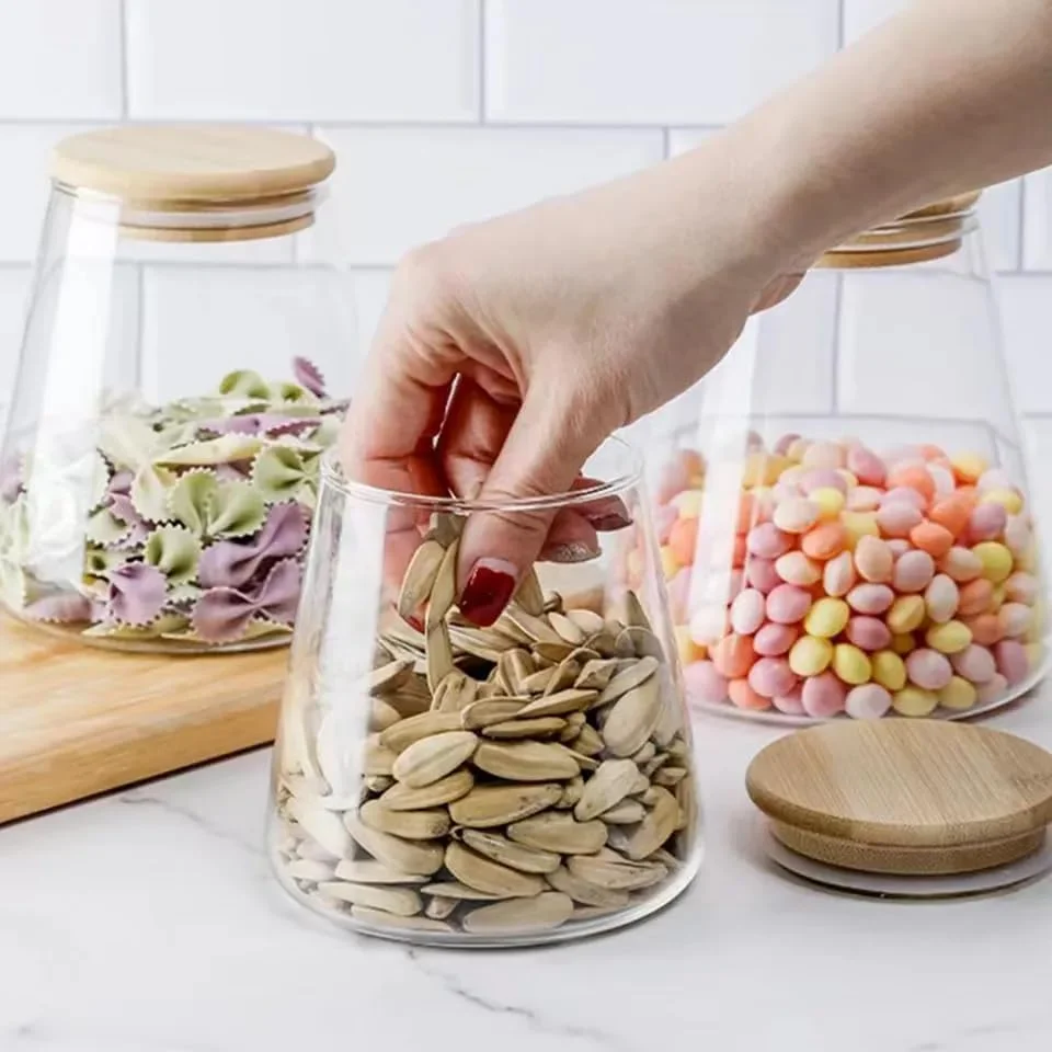 ست 3 تایی ظروف شیشه ای درب بامبو برای نظم دهی به کابینت (750 میلی لیتر)