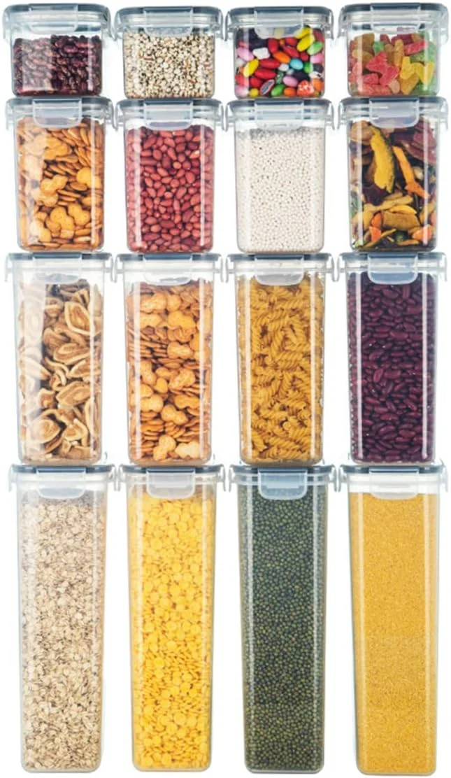 ظروف نگهداری مواد غذایی ALMEKAQUZ، 16 عدد ظروف پلاستیکی برای سازماندهی آشپزخانه، سازماندهی و نگهداری مواد غذایی در انبار، ایده آل برای اسپاگتی، غلات، آرد و شکر، همراه با برچسب و قلم