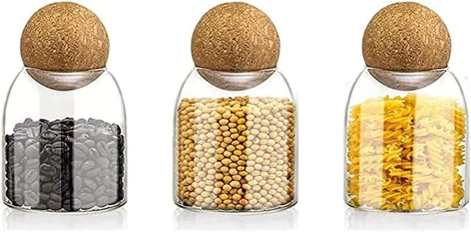 ظرف شیشه ای نگهداری مواد غذایی AKDC با درب چوب پنبه ای هواگیر [500 میلی لیتر/16 اونس]، ظرف شیشه ای شفاف با درب چوب پنبه ای گرد برای سرو چای و قهوه در آشپزخانه