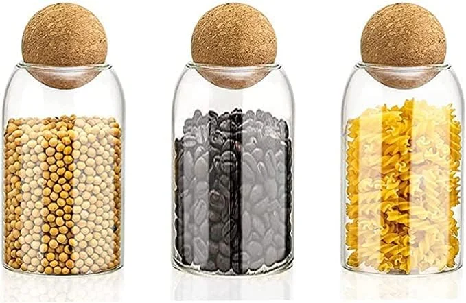 ظرف نگهداری مواد غذایی شیشه ای AKDC با درب چوب پنبه ای هواگیر [800 میلی لیتر/27 اونس]، ظرف شیشه ای شفاف با درپوش چوب پنبه ای گرد برای انبار آشپزخانه [27 اونس 3 عدد] (27، سلولی، 3، 561032)