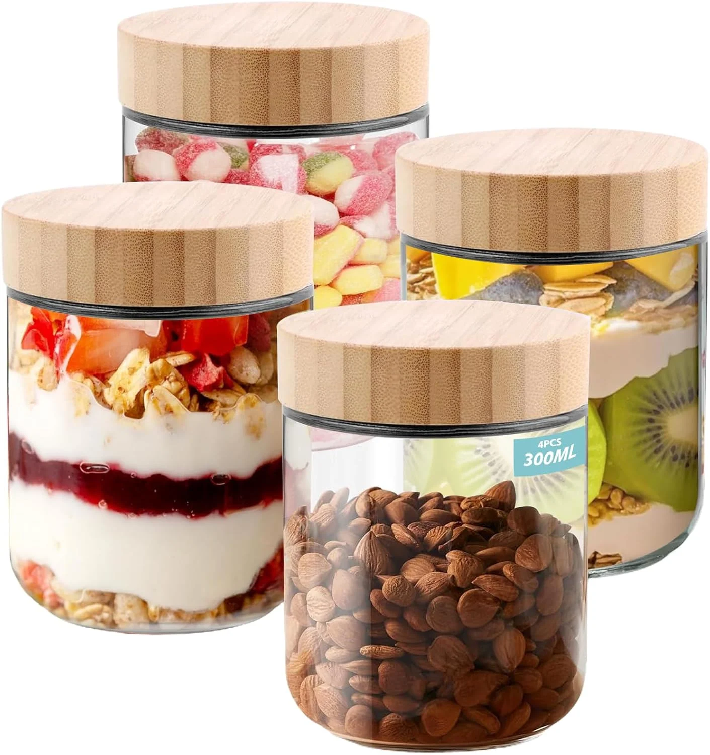 ALANX بسته 4 عددی شیشه های 300 میلی لیتری با درب بامبو، ظروف جو دوسر یک شبه، شیشه های پهن ضد نشت قابل استفاده مجدد، ظروف شیشه ای نگهداری مواد غذایی، برای ماست، شکر، دانه های قهوه، کلوچه و ادویه (4 عدد)