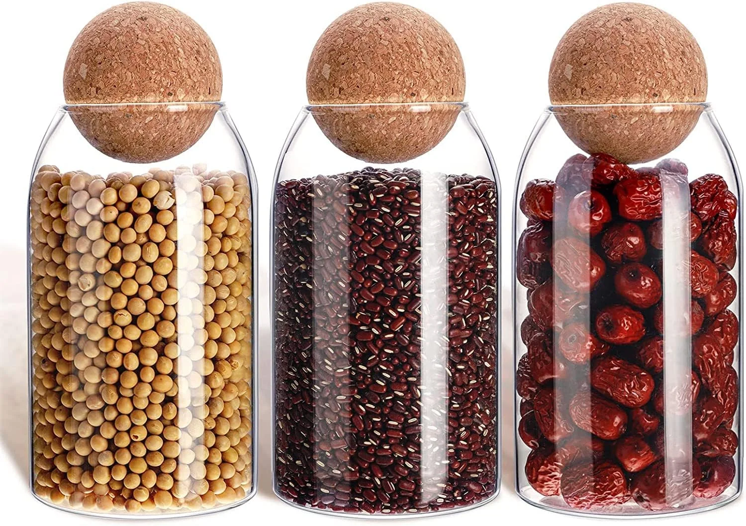 ظرف نگهداری مواد غذایی شیشه ای AKDC با درب چوب پنبه ای هوا بند [500ml/16Oz] ظرف شیشه ای شفاف با درب چوب پنبه ای گرد برای سرو چای و قهوه در آشپزخانه (27, Elongated, 3, 105632)