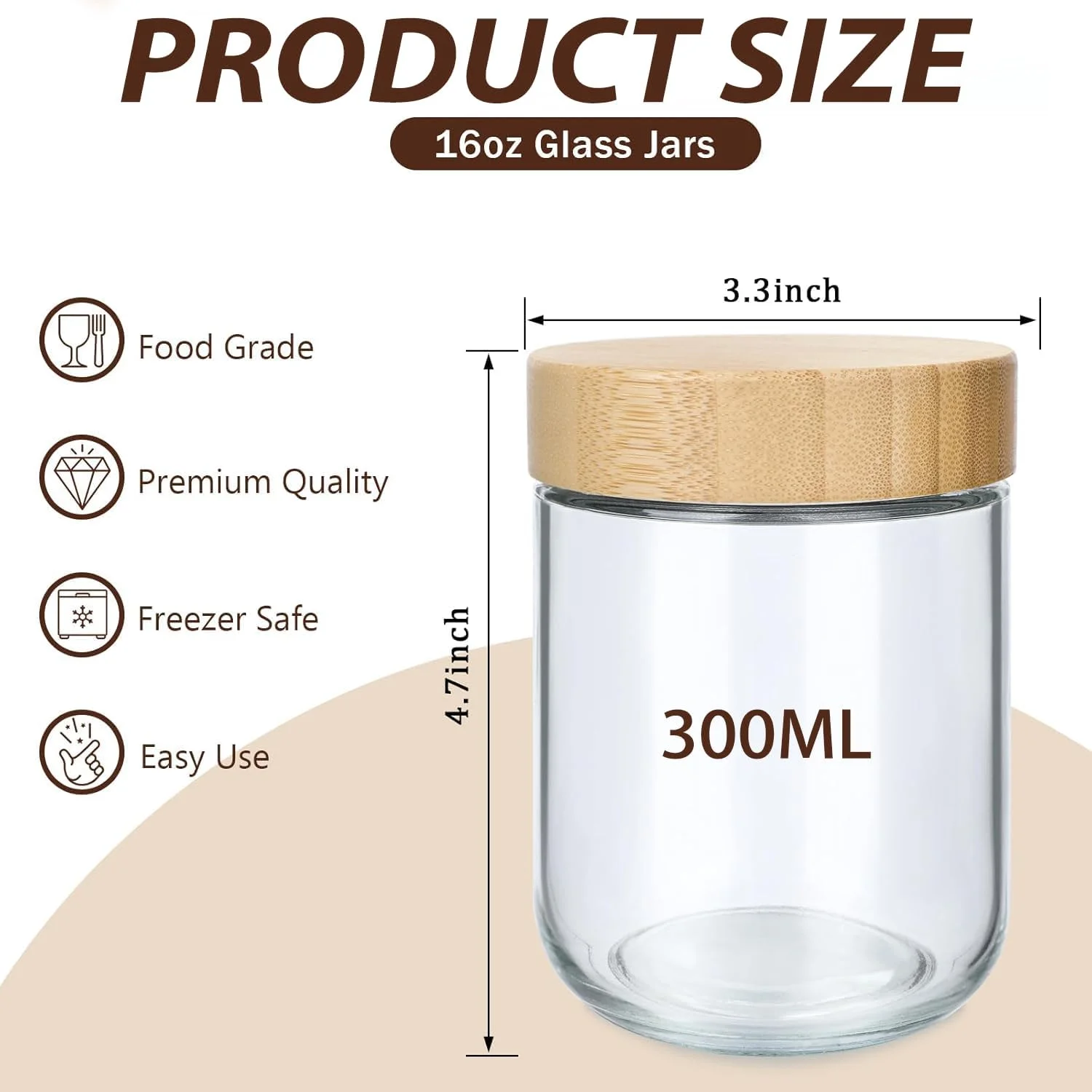 ALANX بسته 4 عددی شیشه های 300 میلی لیتری با درب بامبو، ظروف جو دوسر یک شبه، شیشه های پهن ضد نشت قابل استفاده مجدد، ظروف شیشه ای نگهداری مواد غذایی، برای ماست، شکر، دانه های قهوه، کلوچه و ادویه (4 عدد)